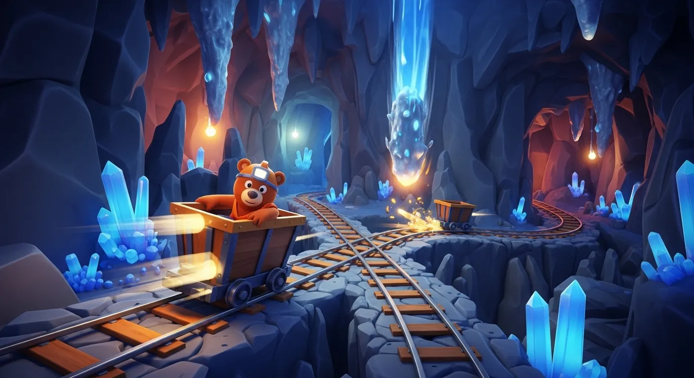 High-speed minecart and conveyor belt mechanics in Mole Mines - Super Bear Adventure