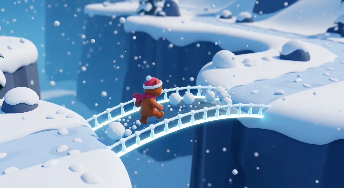 Invisible path - Snow Valley secret bridge revealed by snowballs in Super Bear Adventure