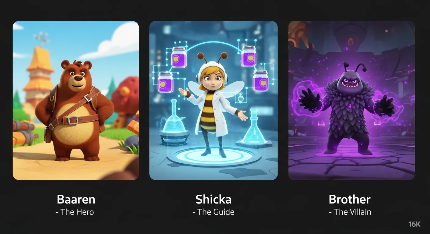 Main trio of key characters in Super Bear Adventure